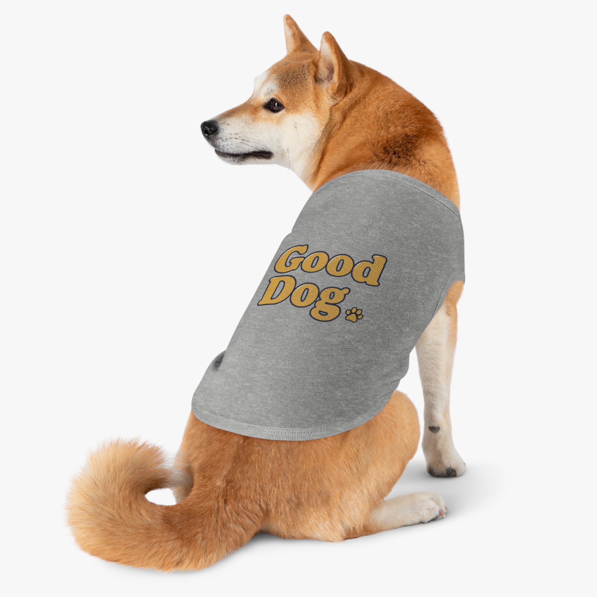 Good Dog Pet Tank Top — Grey Dog Shirt with Retro Yellow Text