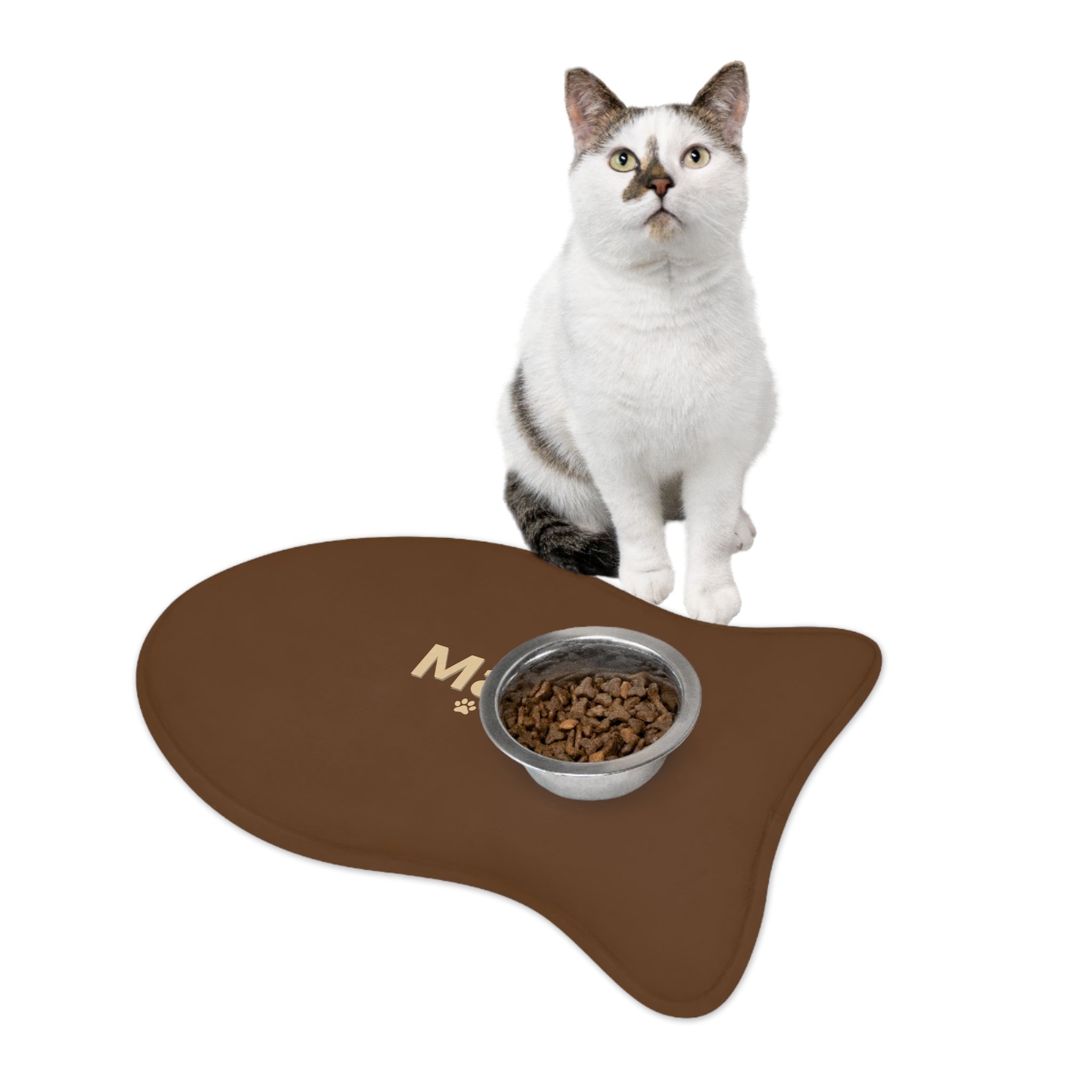 Personalized Pet Feeding Mat — Brown Bone-Shaped Placemat with Name & Paw