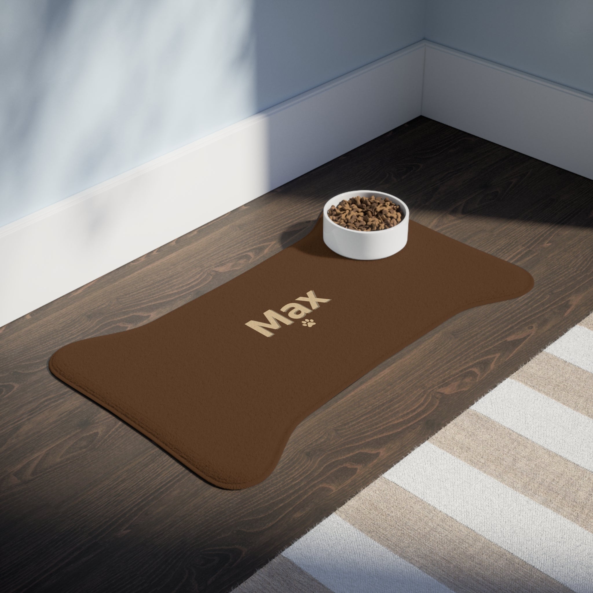 Personalized Pet Feeding Mat — Brown Bone-Shaped Placemat with Name & Paw