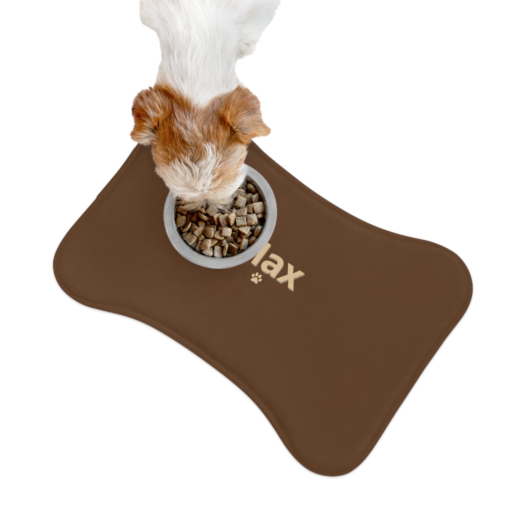 Personalized Pet Feeding Mat — Brown Bone-Shaped Placemat with Name & Paw