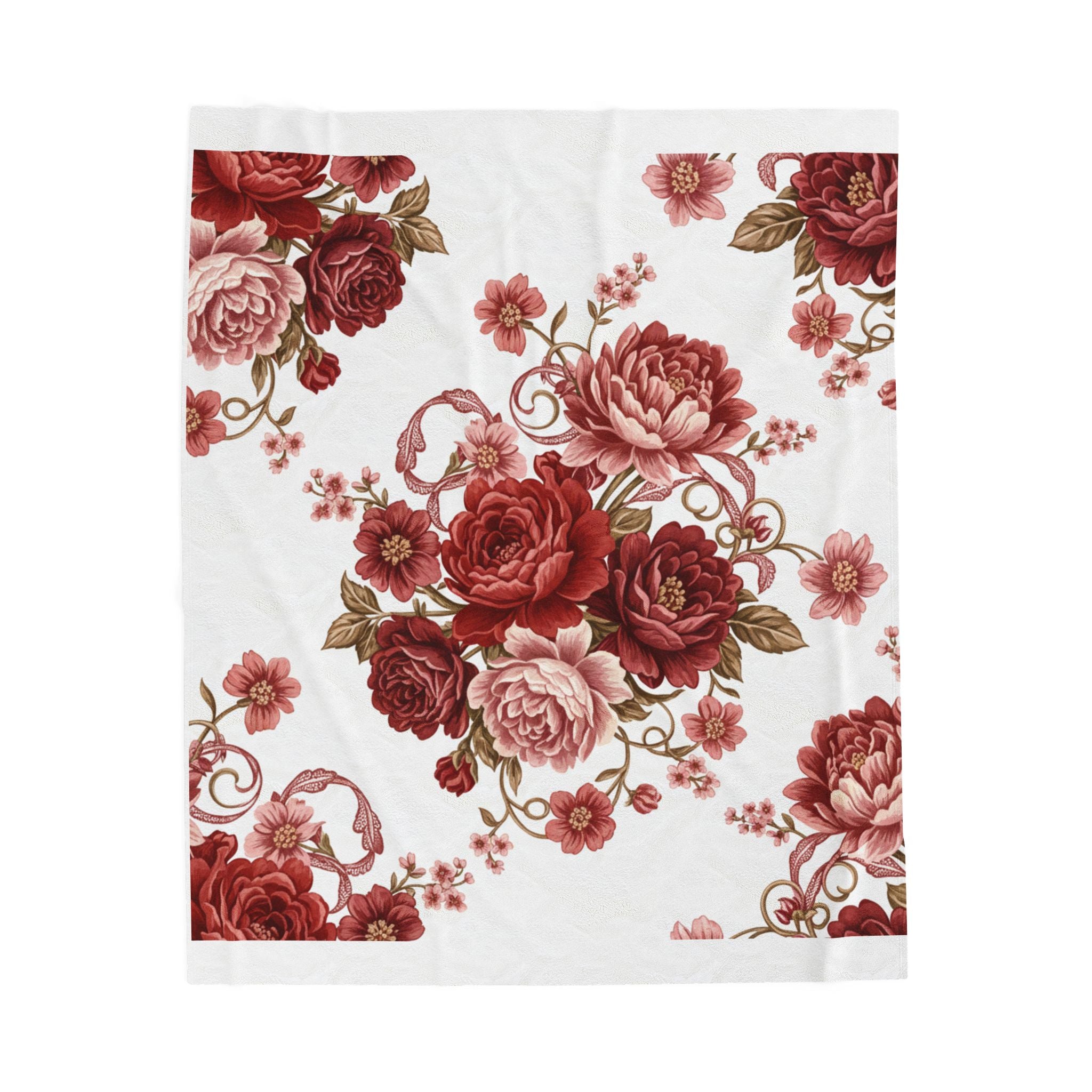 Velveteen Plush Blanket — Vintage Red Rose Floral Throw