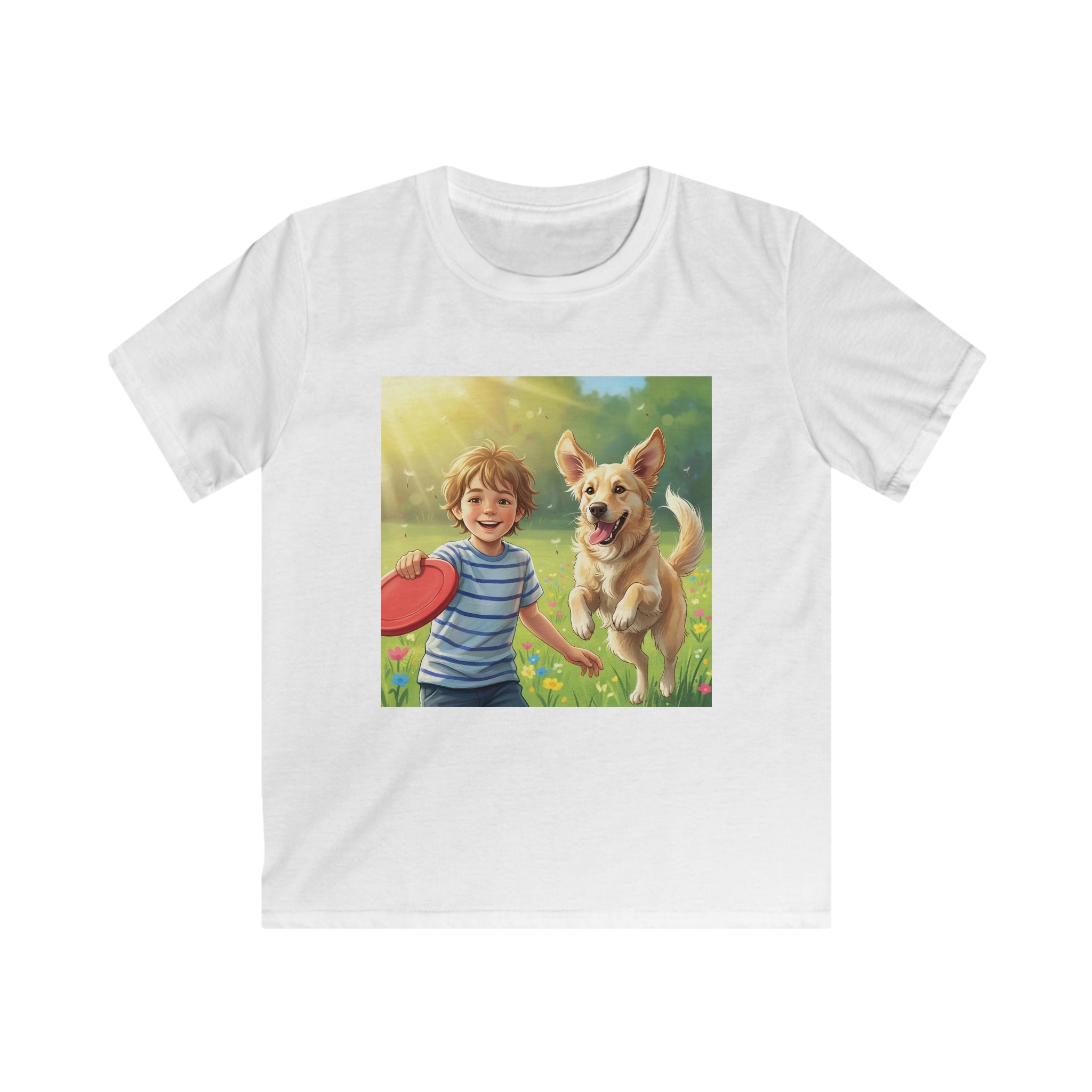 Kids T-Shirt — Boy Playing Frisbee with Happy Dog Illustration