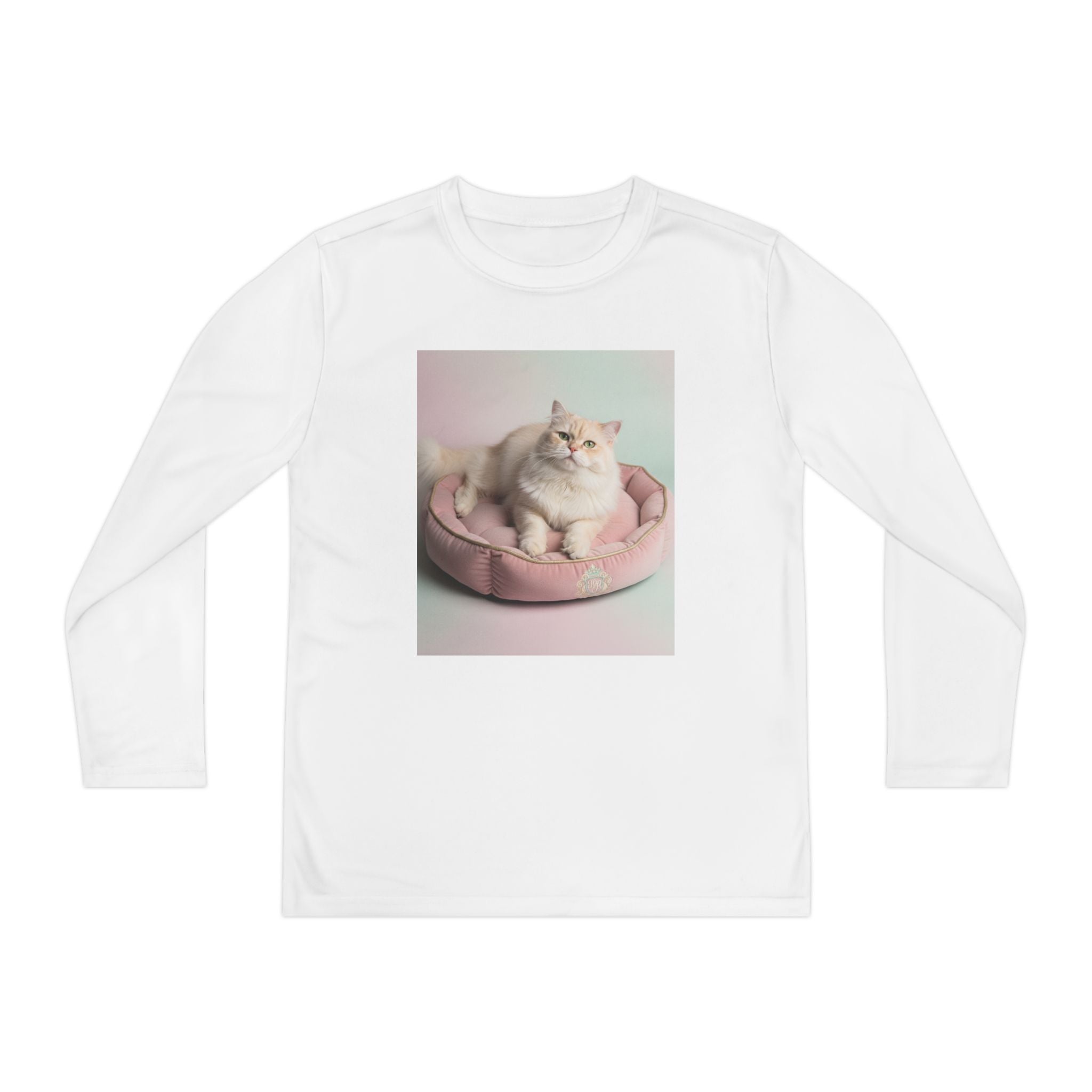 Youth Long Sleeve Tee — Cute Fluffy Cat in Pink Bed Graphic