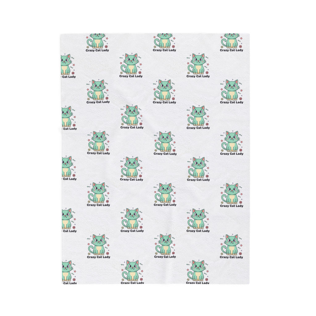 Plush Blanket — Cute Green 'Crazy Cat Lady' Patterned Velveteen Throw
