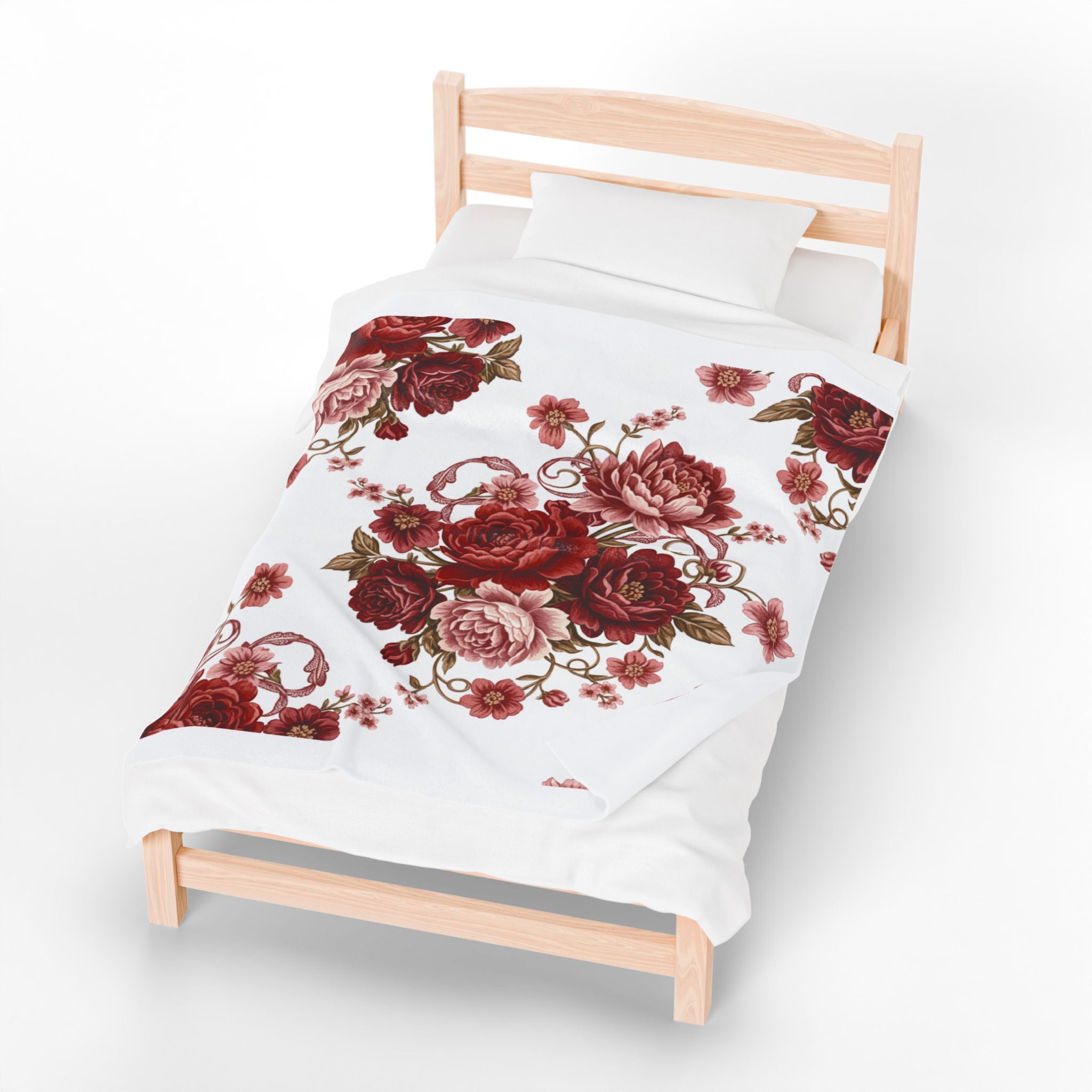 Velveteen Plush Blanket — Vintage Red Rose Floral Throw