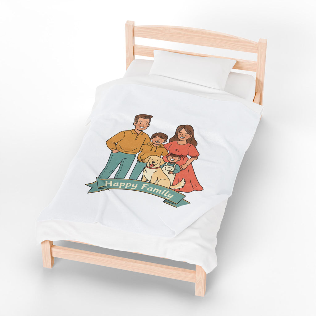 Velveteen Plush Blanket — "Happy Family" Illustrated Family & Pet Throw
