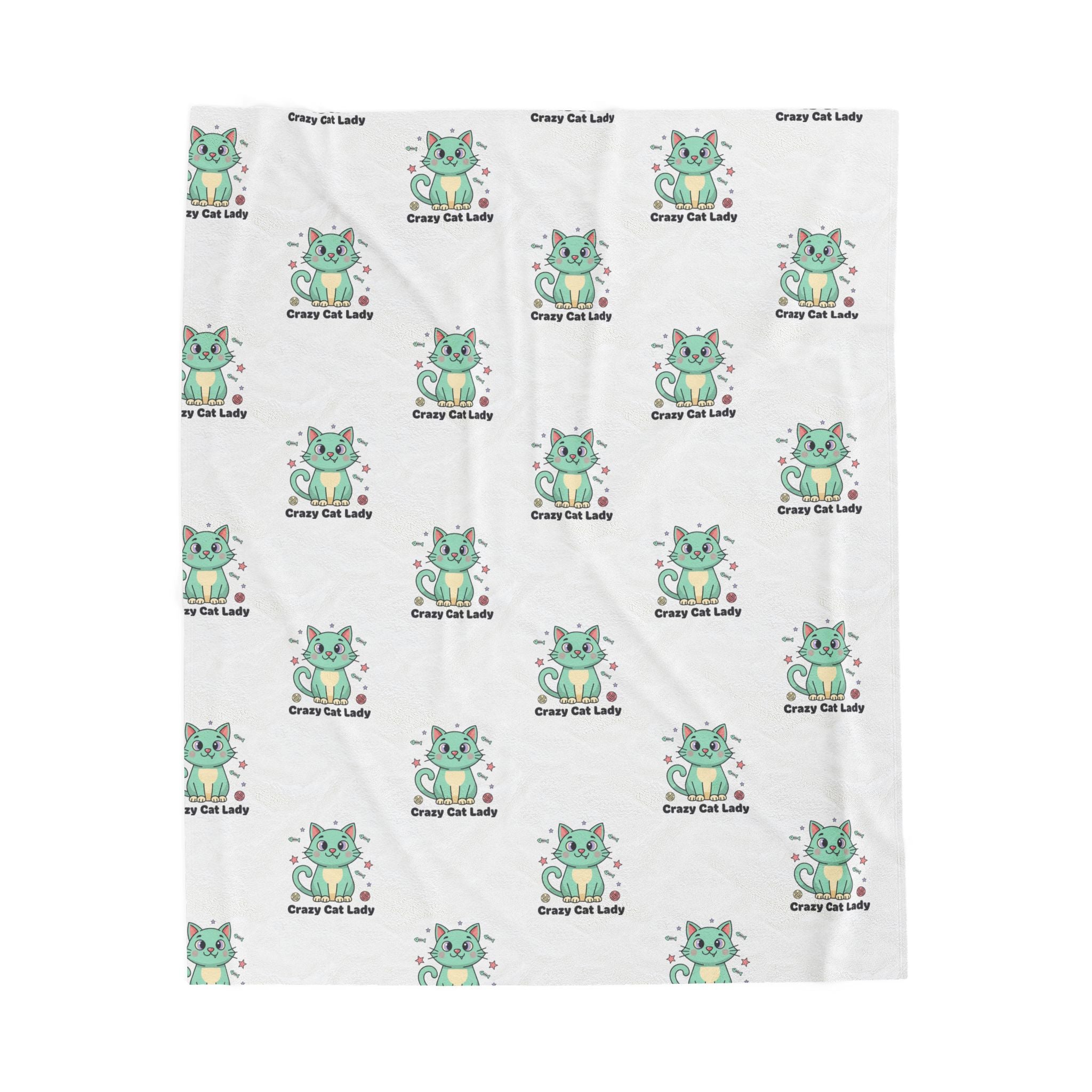 Plush Blanket — Cute Green 'Crazy Cat Lady' Patterned Velveteen Throw