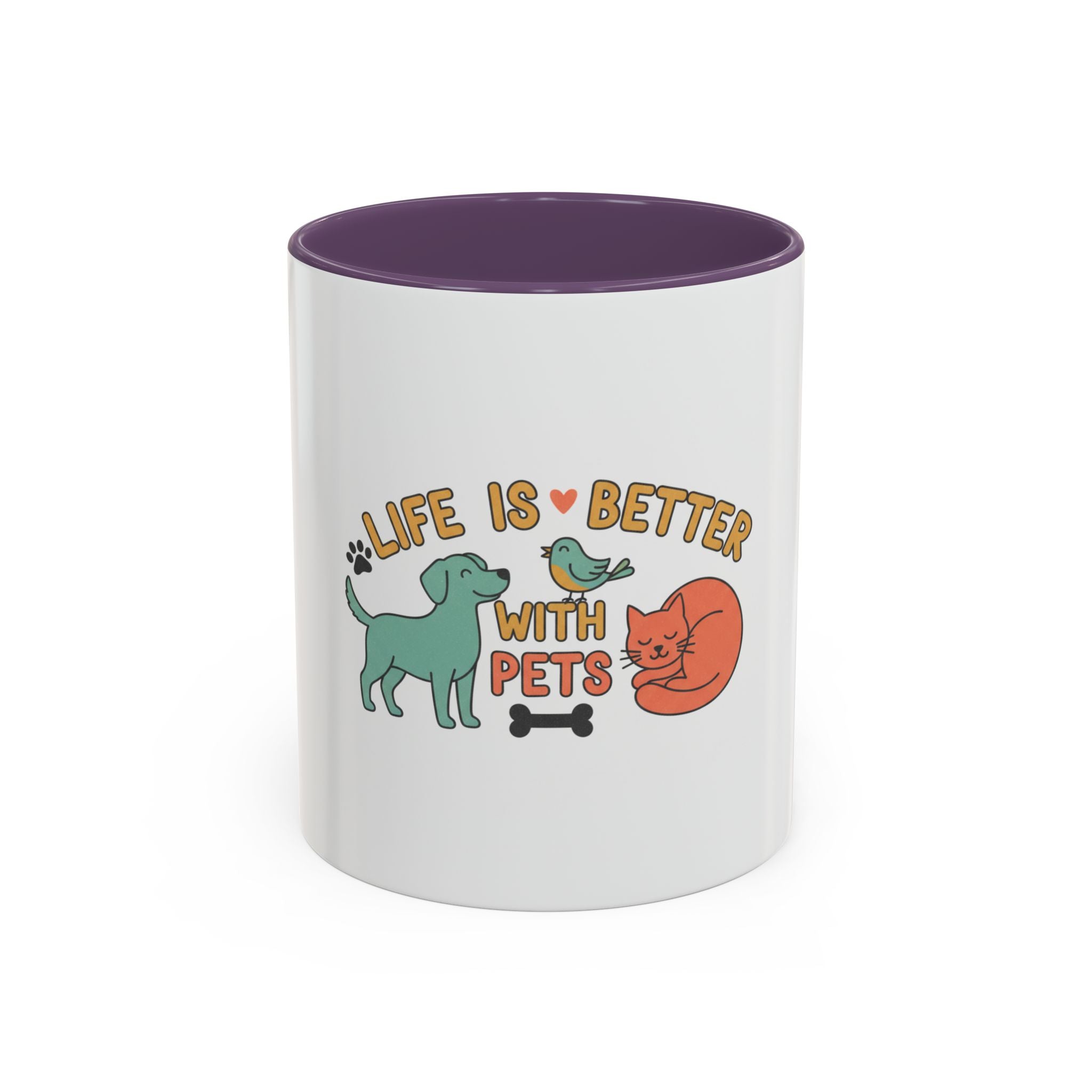 Life Is Better With Pets Mug – Ceramic Accent Mug with Dog Cat Bird Design, Pet Lover Coffee Cup, 11oz & 15oz