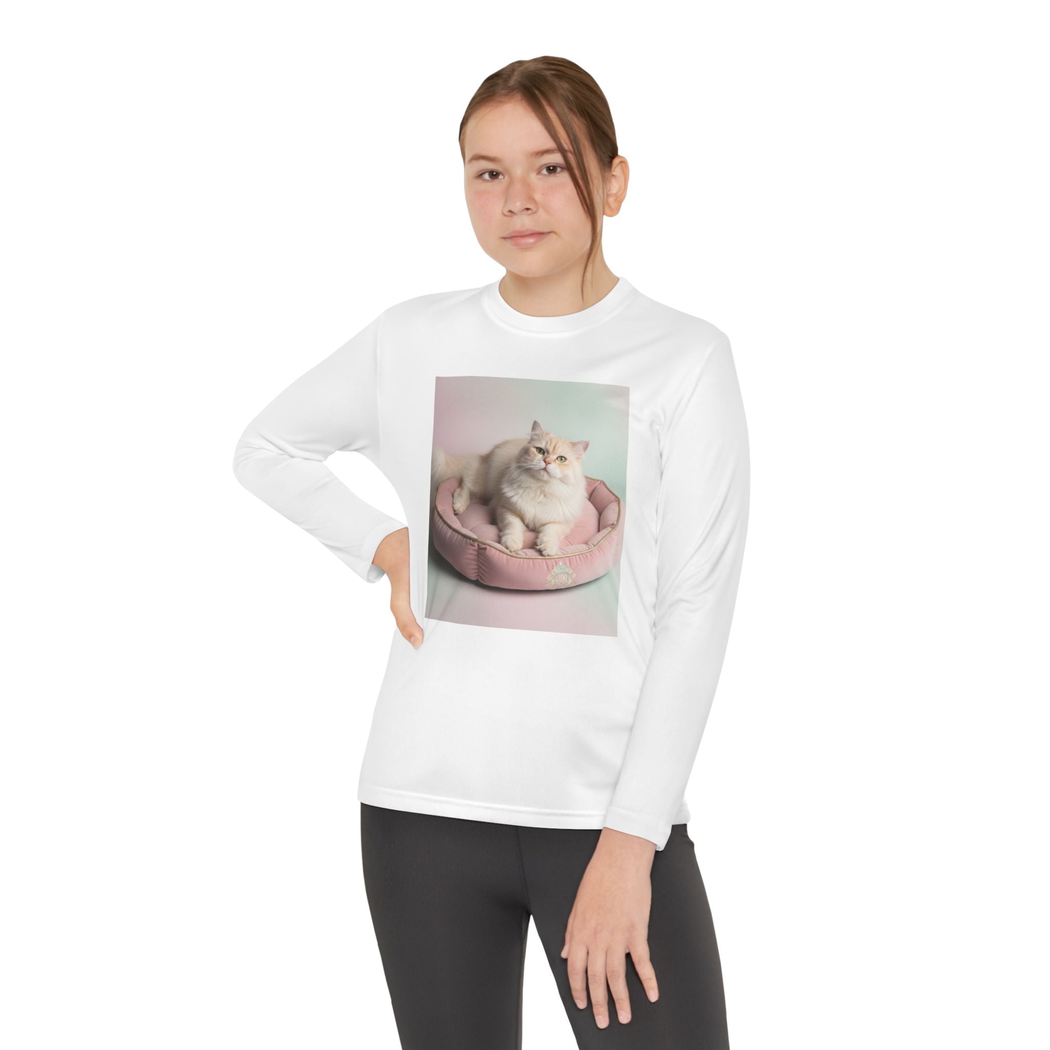 Youth Long Sleeve Tee — Cute Fluffy Cat in Pink Bed Graphic