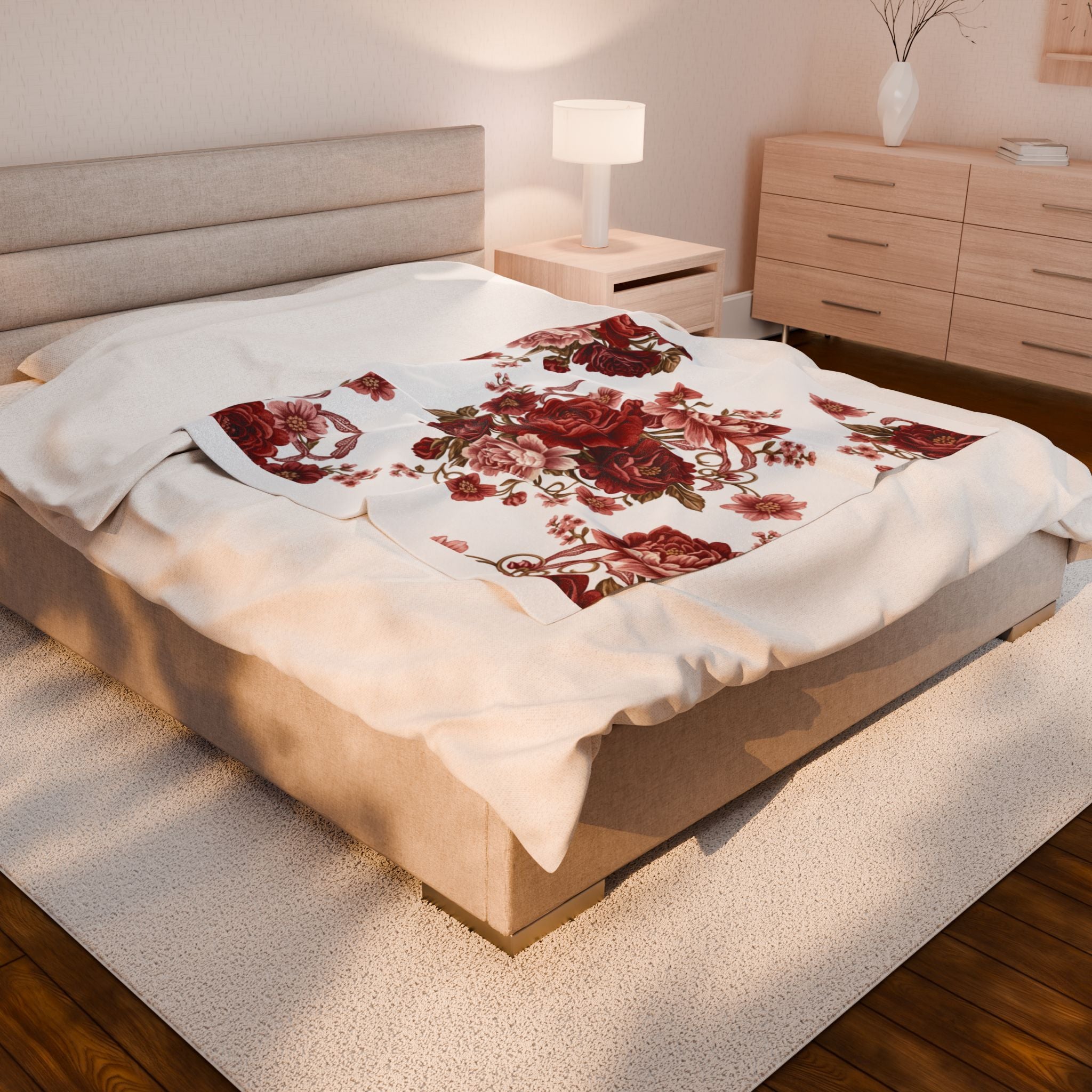 Velveteen Plush Blanket — Vintage Red Rose Floral Throw