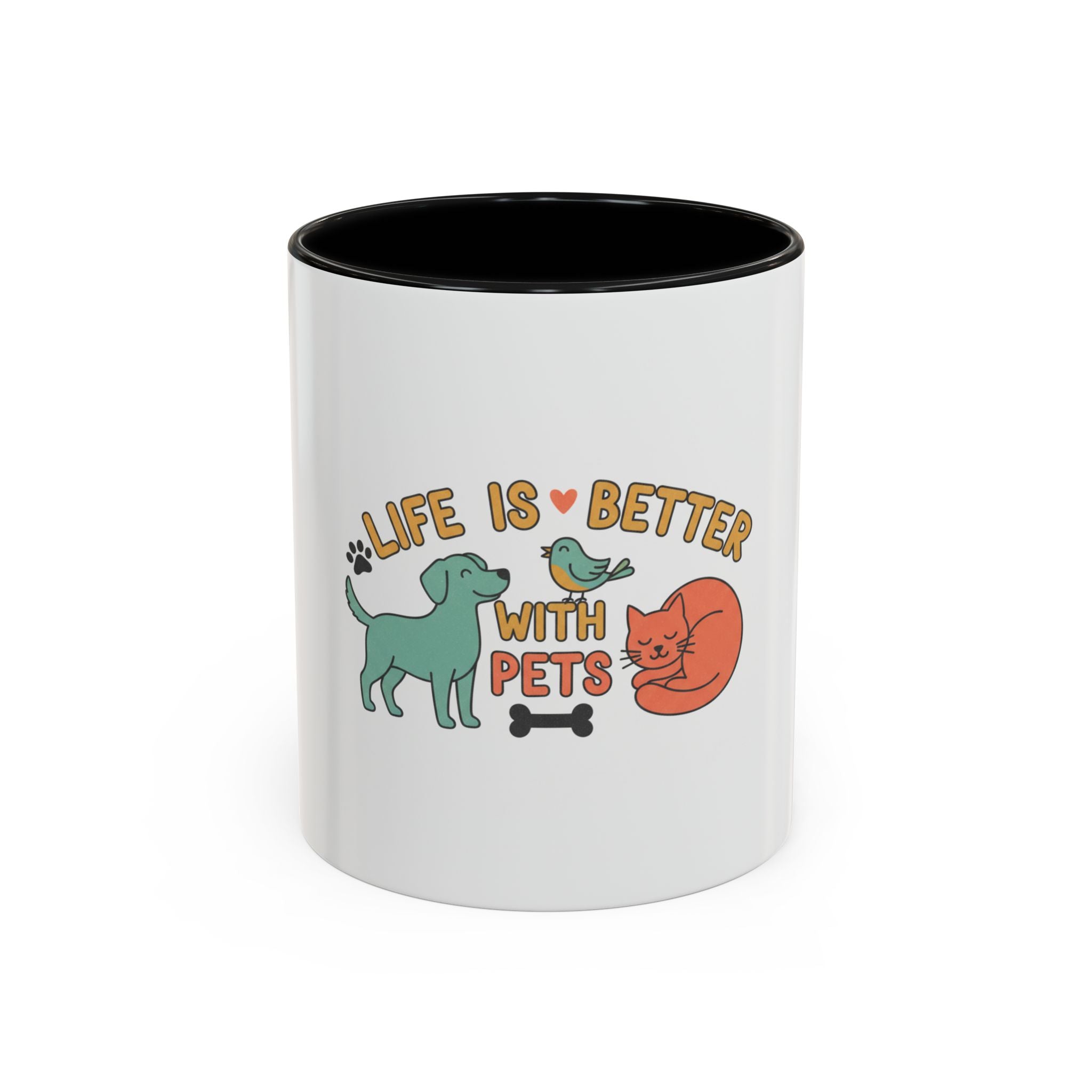 Life Is Better With Pets Mug – Ceramic Accent Mug with Dog Cat Bird Design, Pet Lover Coffee Cup, 11oz & 15oz