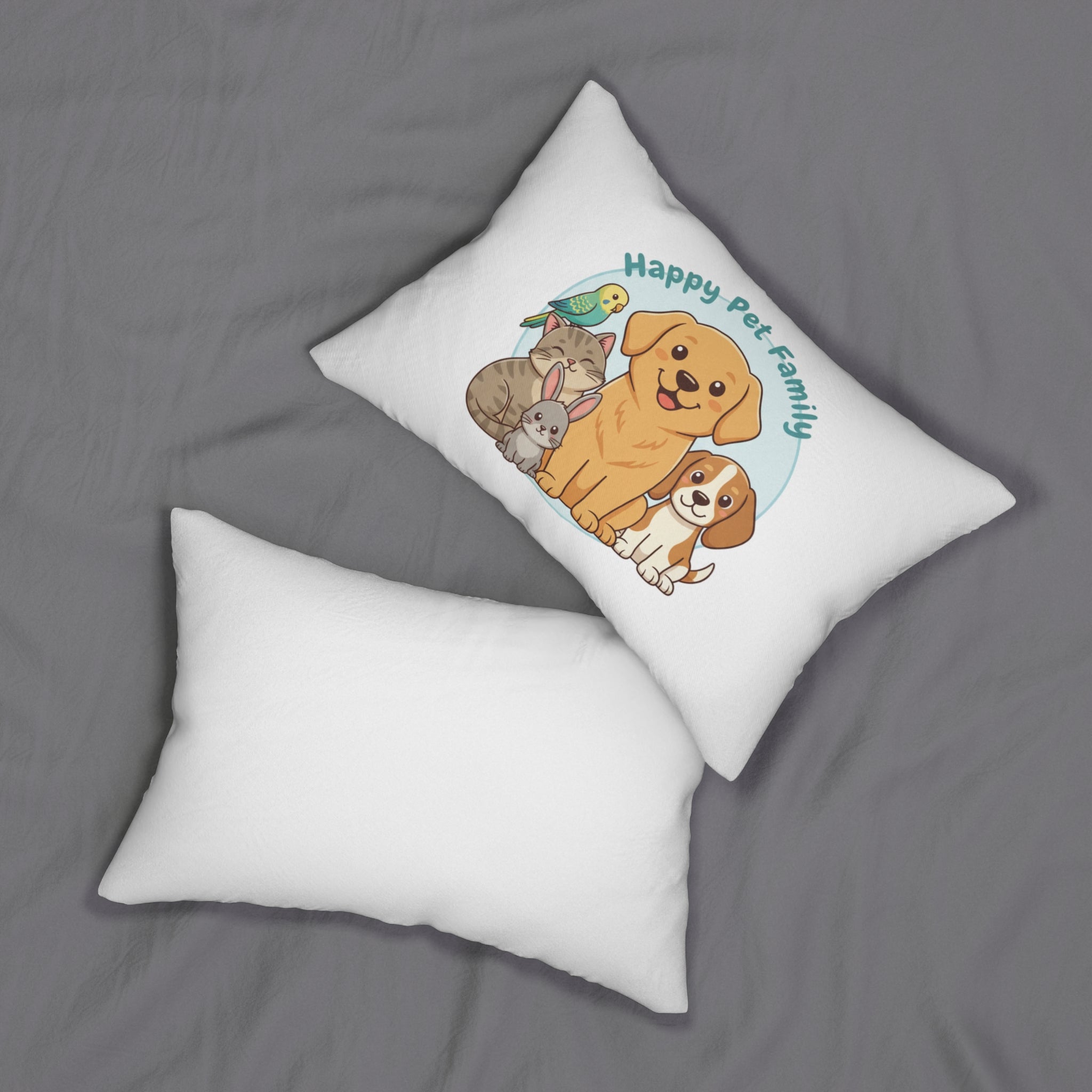 Happy Pet Family Lumbar Pillow — Cute Dog, Cat, Bunny & Bird Decorative Pillow