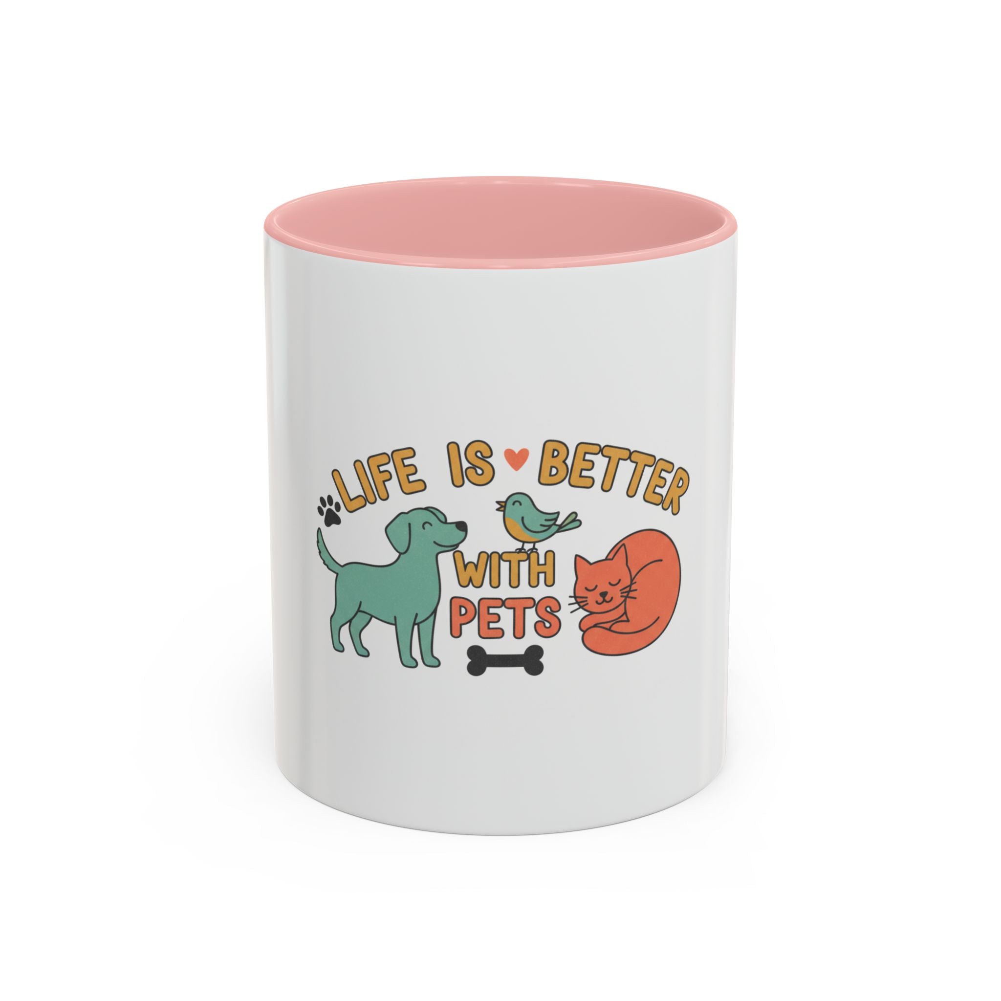 Life Is Better With Pets Mug – Ceramic Accent Mug with Dog Cat Bird Design, Pet Lover Coffee Cup, 11oz & 15oz