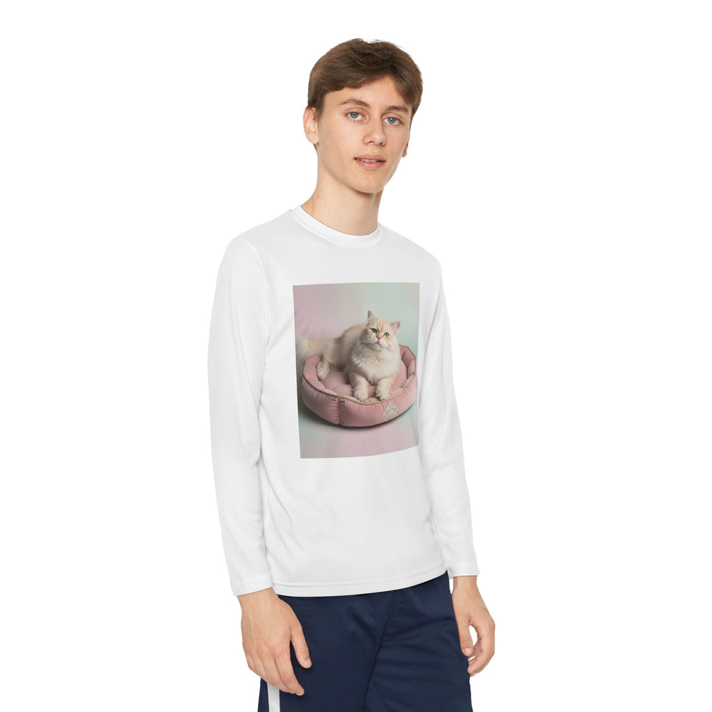 Youth Long Sleeve Tee — Cute Fluffy Cat in Pink Bed Graphic