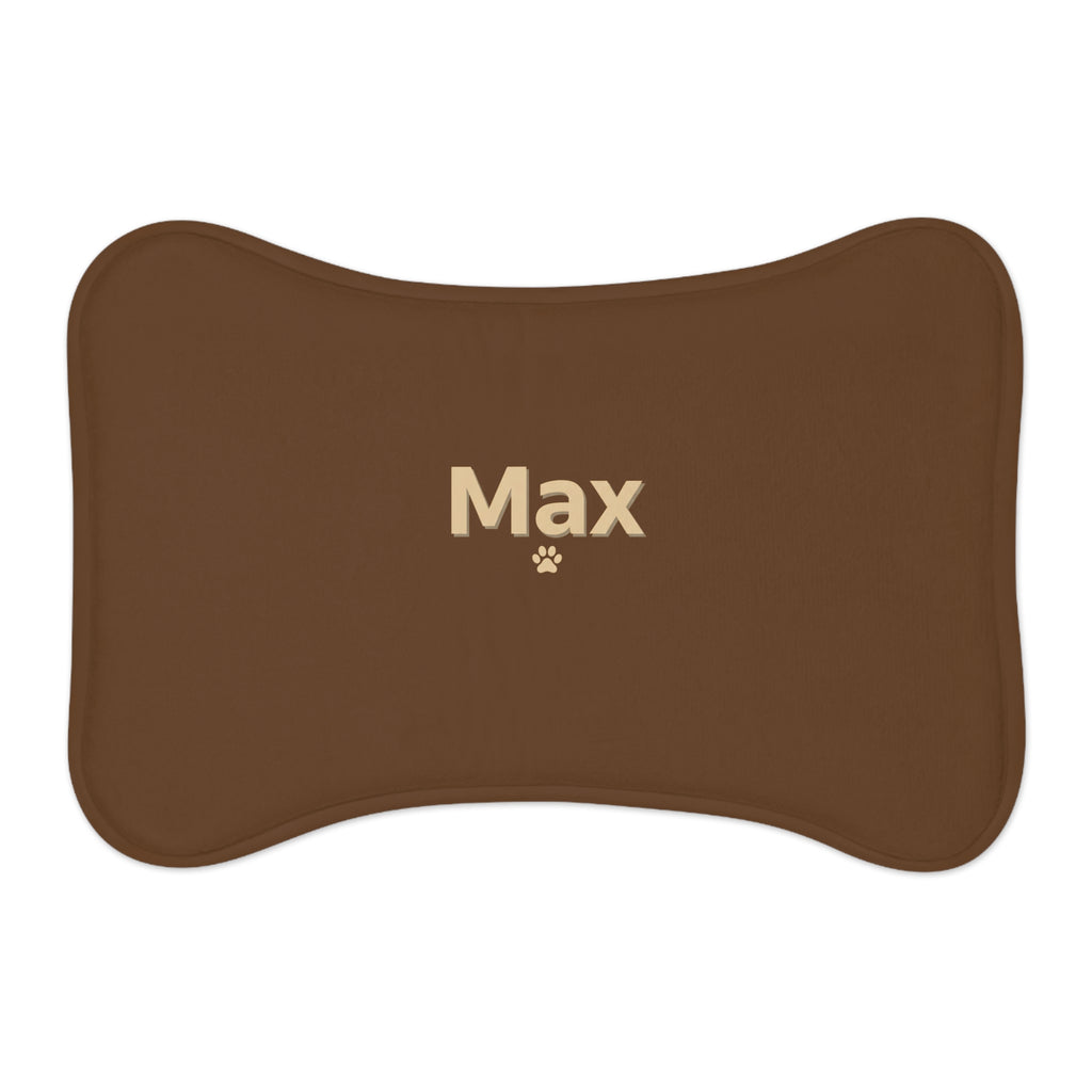 Personalized Pet Feeding Mat — Brown Bone-Shaped Placemat with Name & Paw