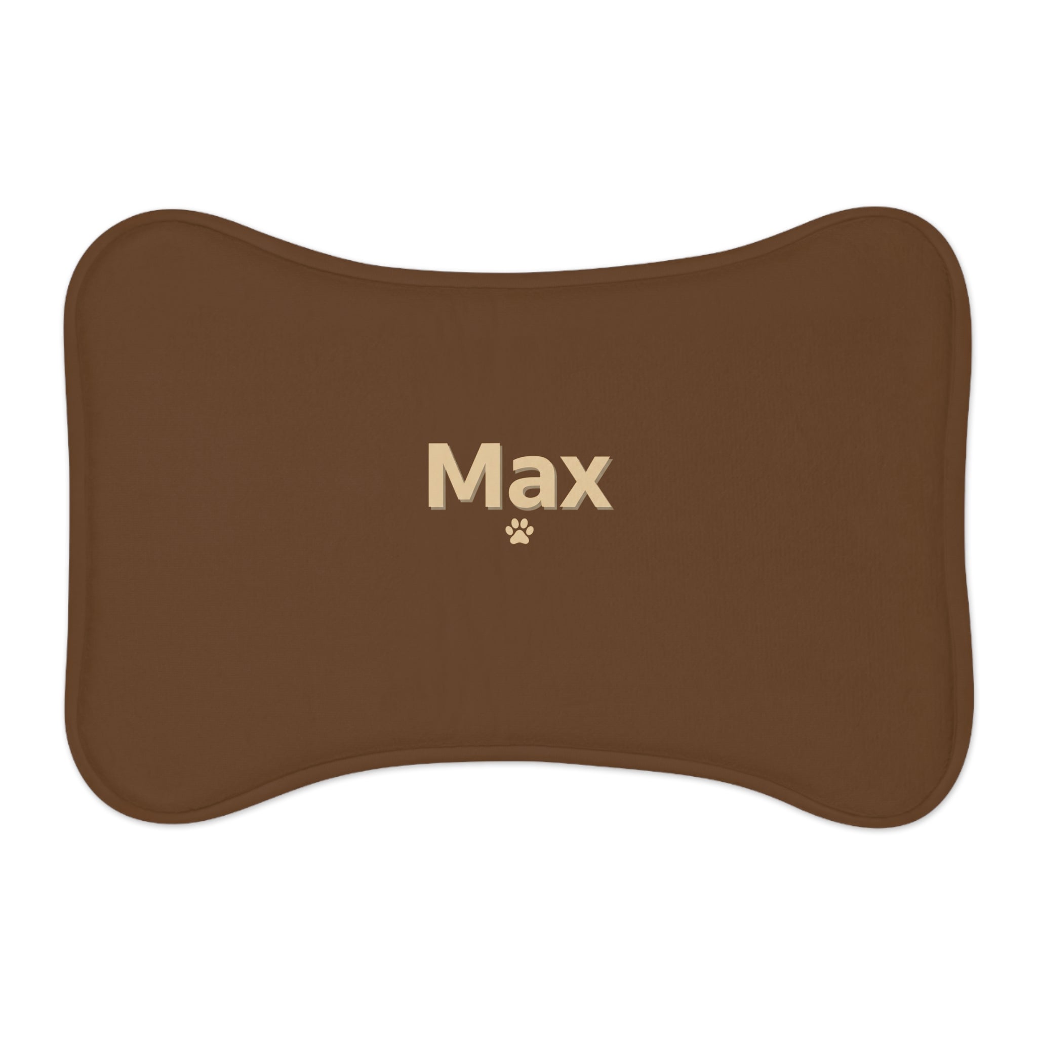 Personalized Pet Feeding Mat — Brown Bone-Shaped Placemat with Name & Paw