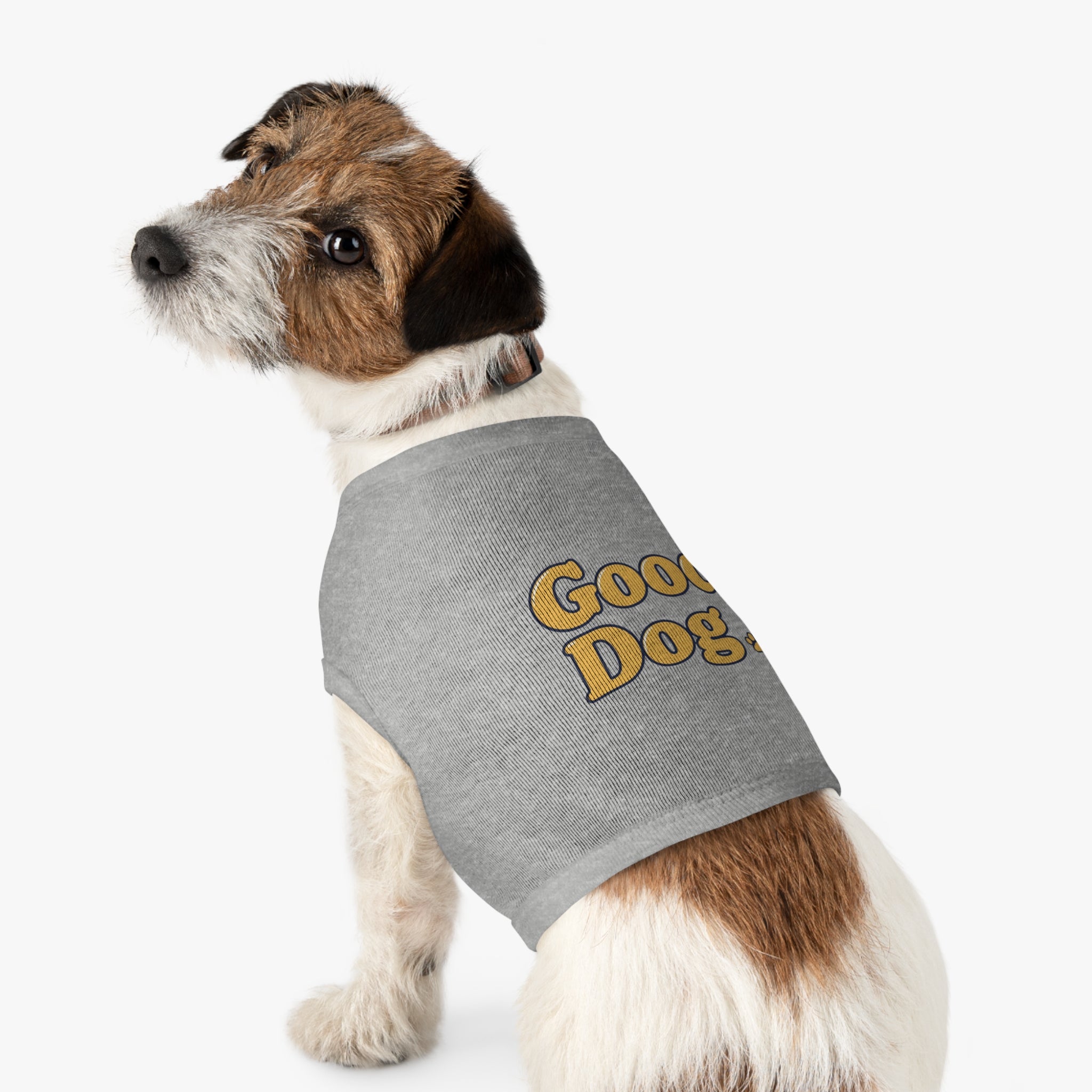 Good Dog Pet Tank Top — Grey Dog Shirt with Retro Yellow Text