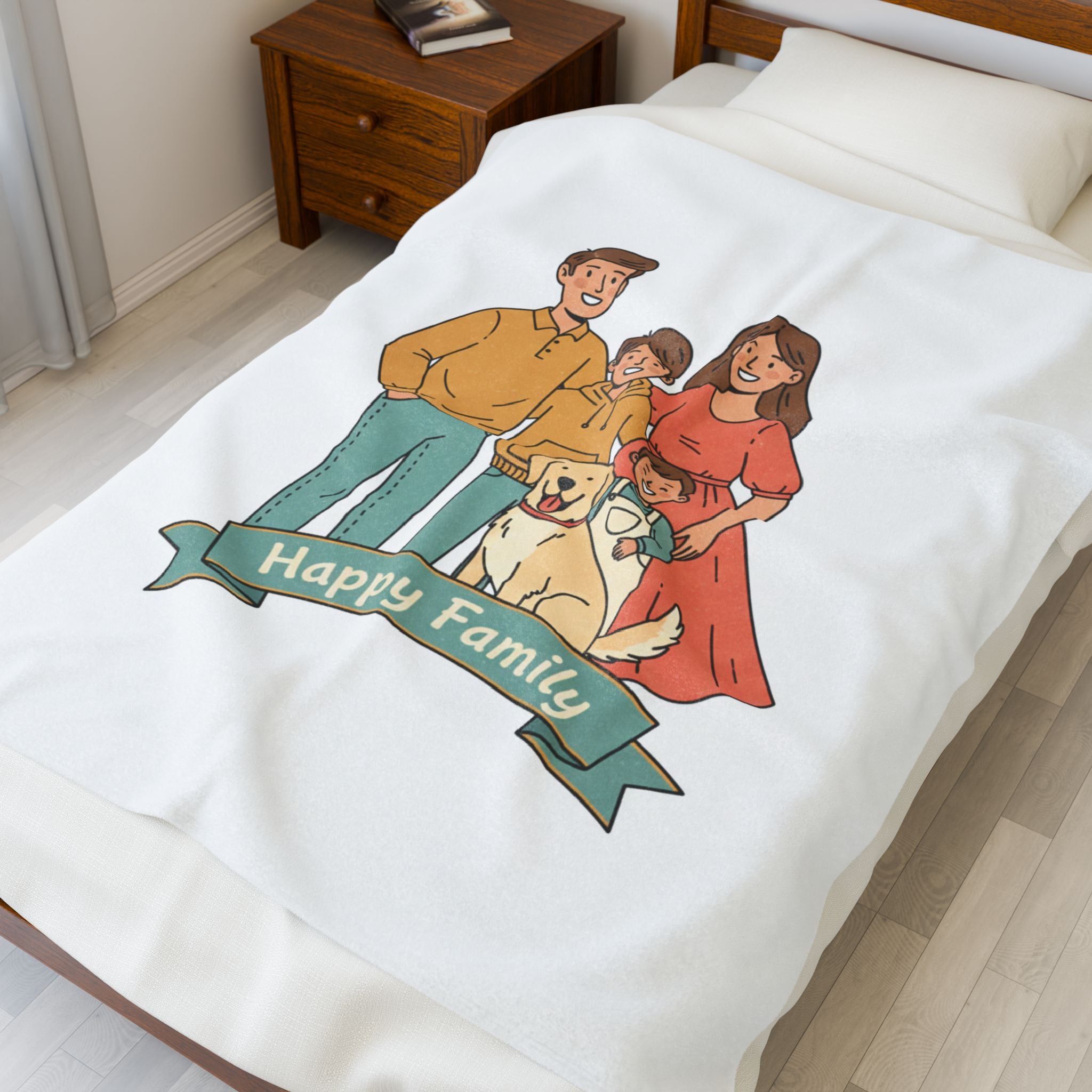 Velveteen Plush Blanket — "Happy Family" Illustrated Family & Pet Throw
