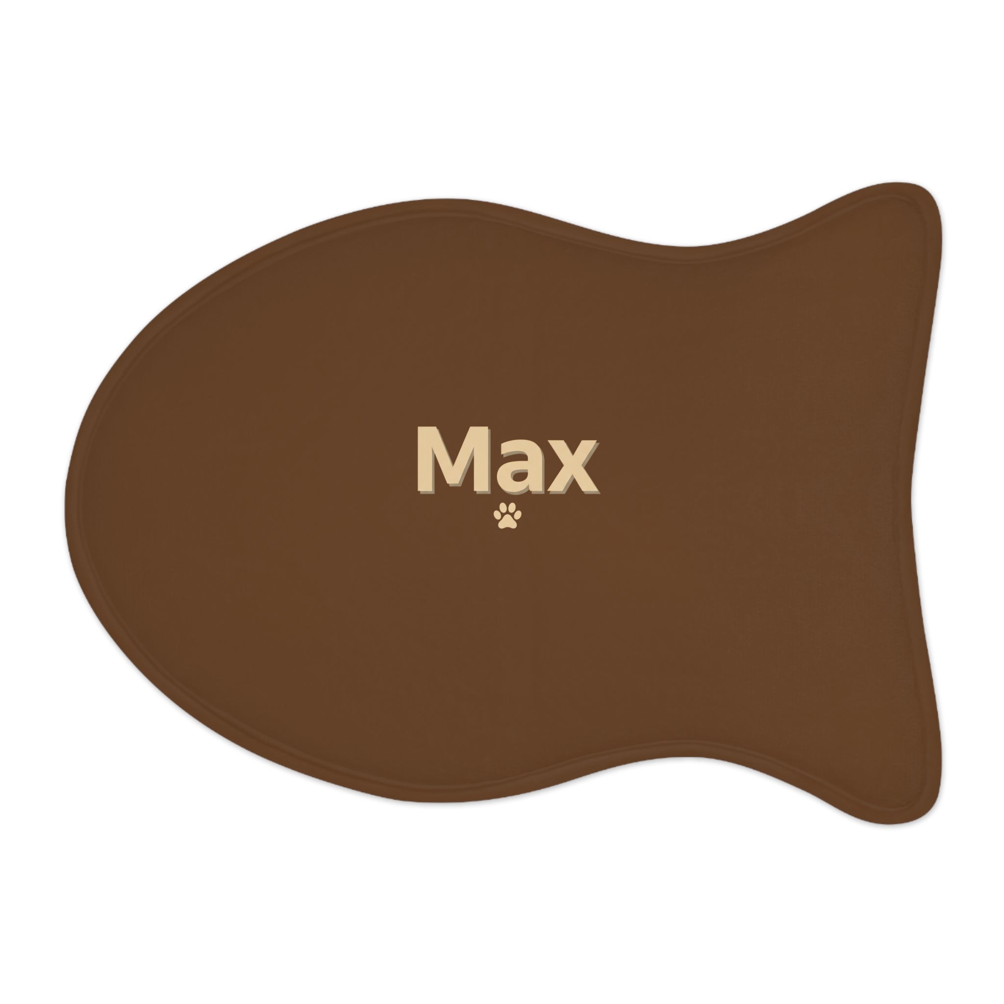 Personalized Pet Feeding Mat — Brown Bone-Shaped Placemat with Name & Paw