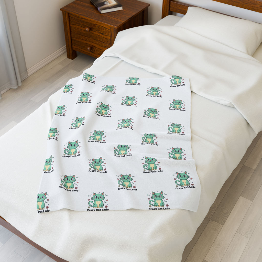 Plush Blanket — Cute Green 'Crazy Cat Lady' Patterned Velveteen Throw