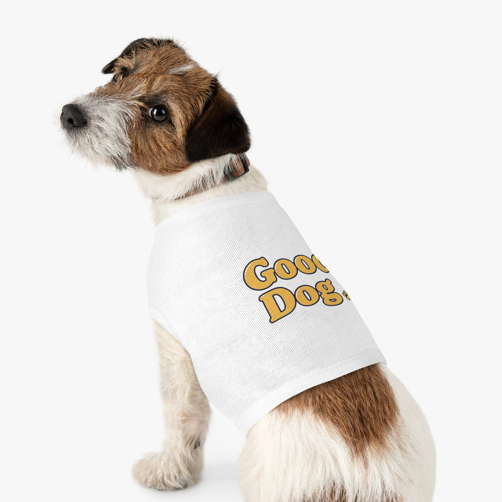 Good Dog Pet Tank Top — Grey Dog Shirt with Retro Yellow Text
