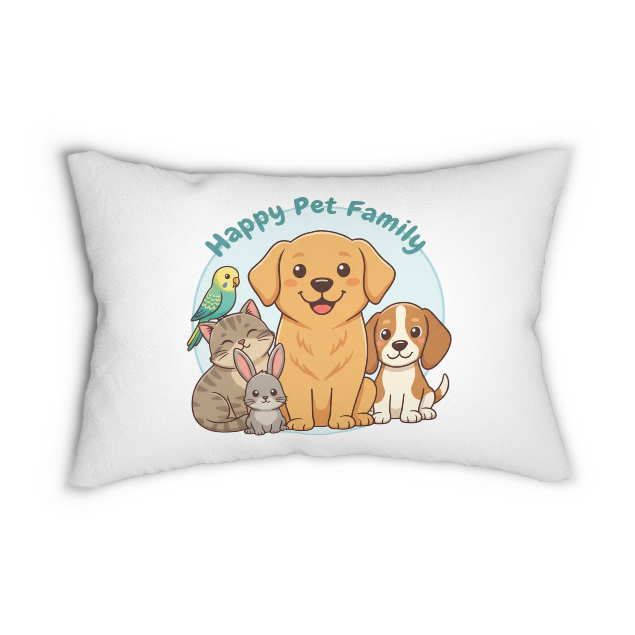Happy Pet Family Lumbar Pillow — Cute Dog, Cat, Bunny & Bird Decorative Pillow