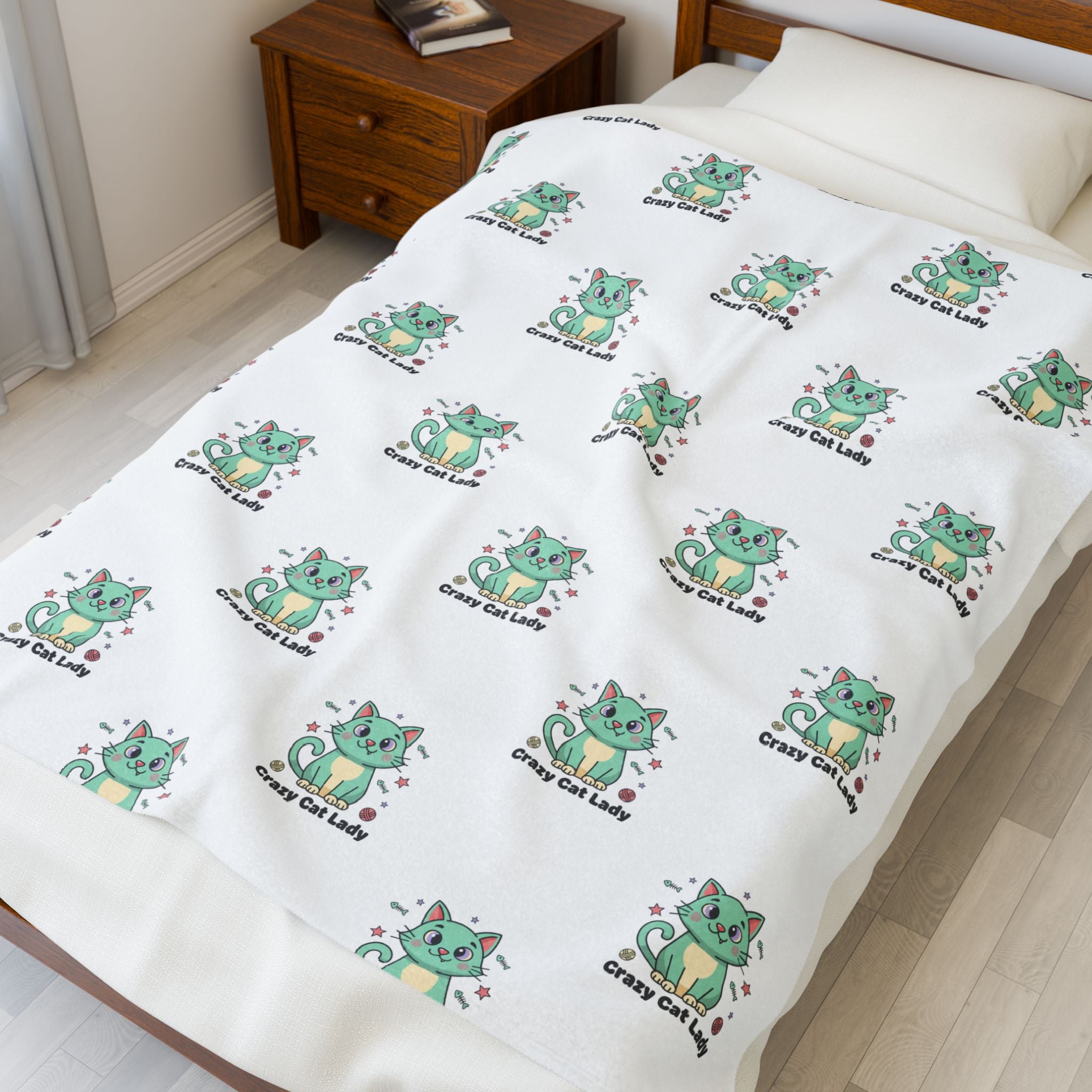 Plush Blanket — Cute Green 'Crazy Cat Lady' Patterned Velveteen Throw