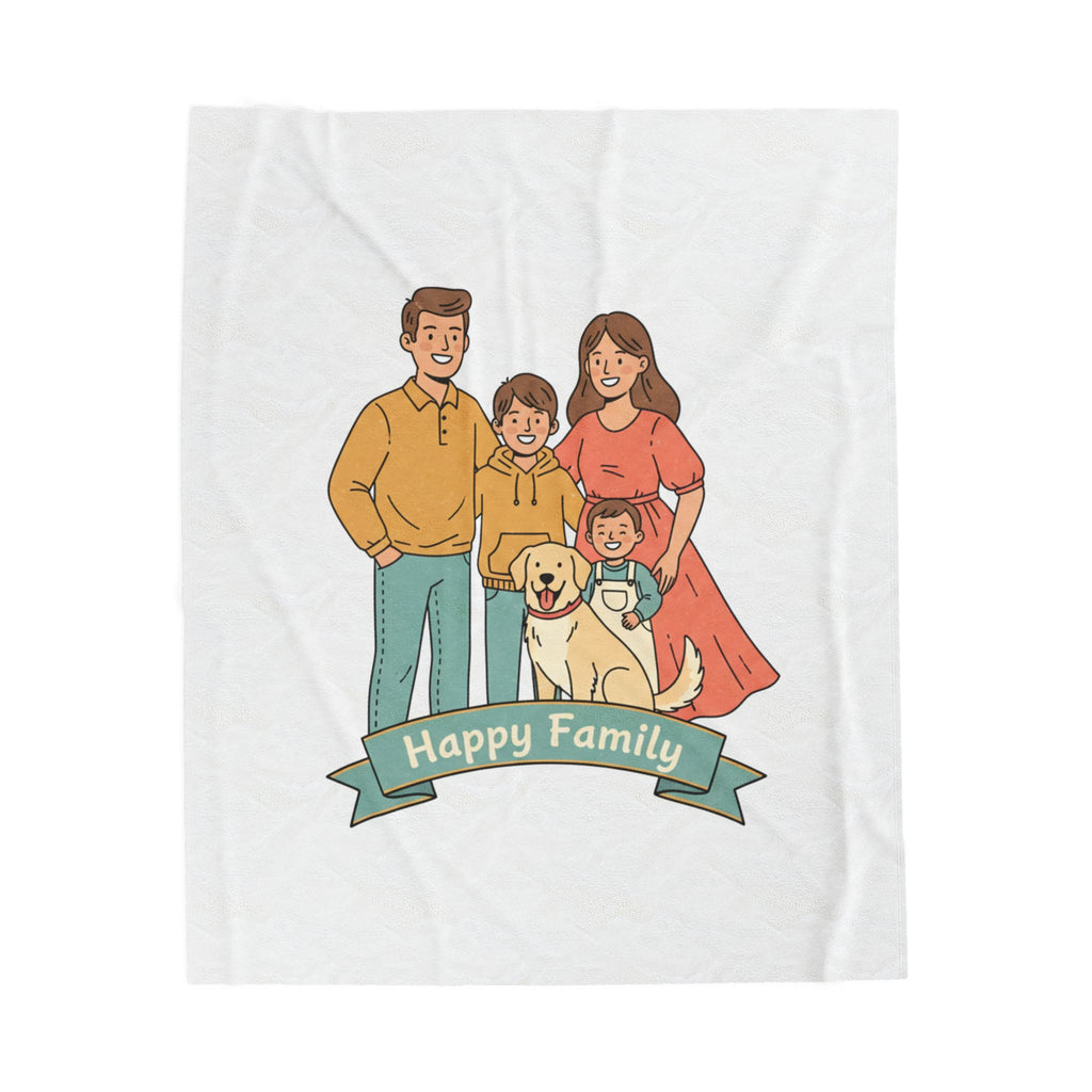 Velveteen Plush Blanket — "Happy Family" Illustrated Family & Pet Throw