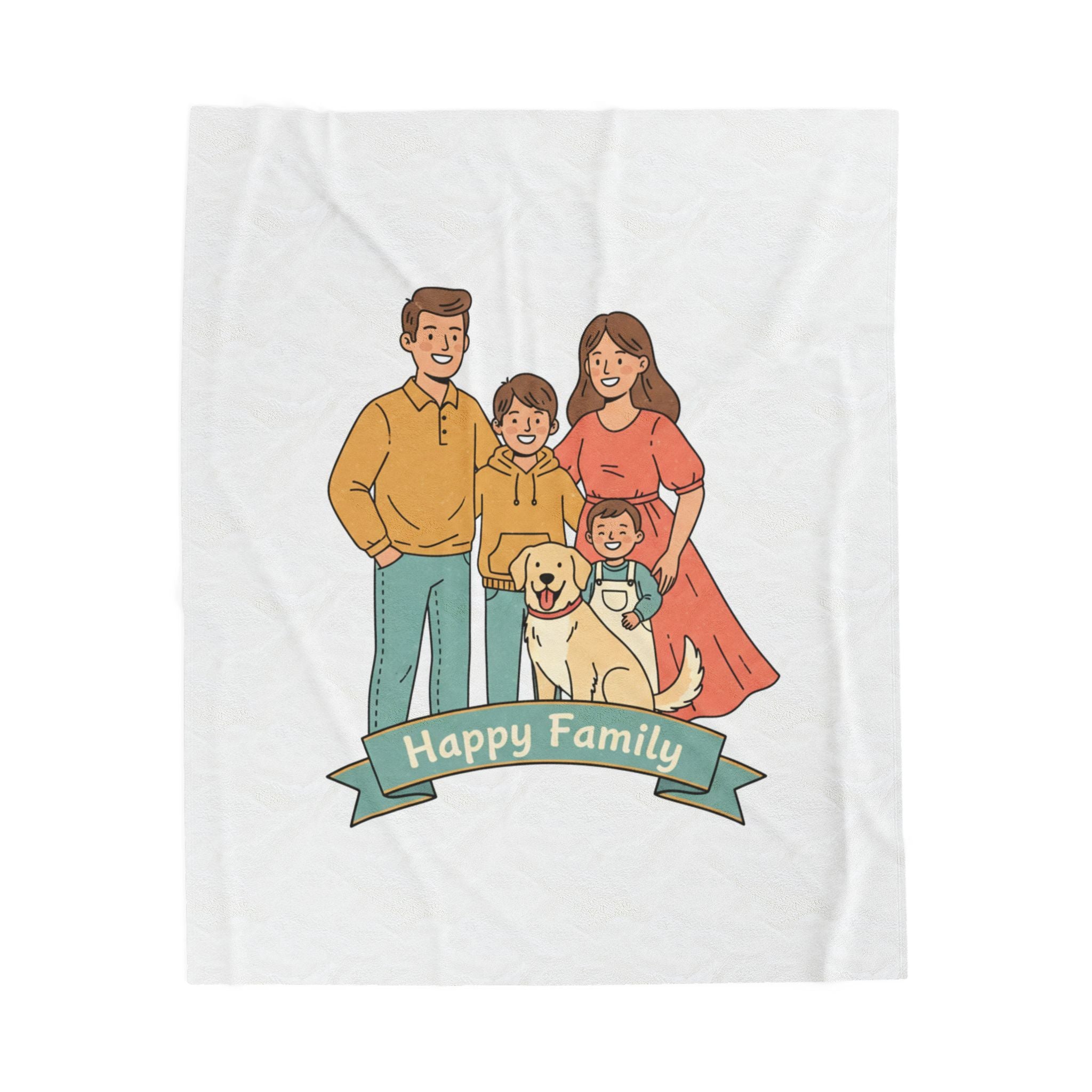 Velveteen Plush Blanket — "Happy Family" Illustrated Family & Pet Throw