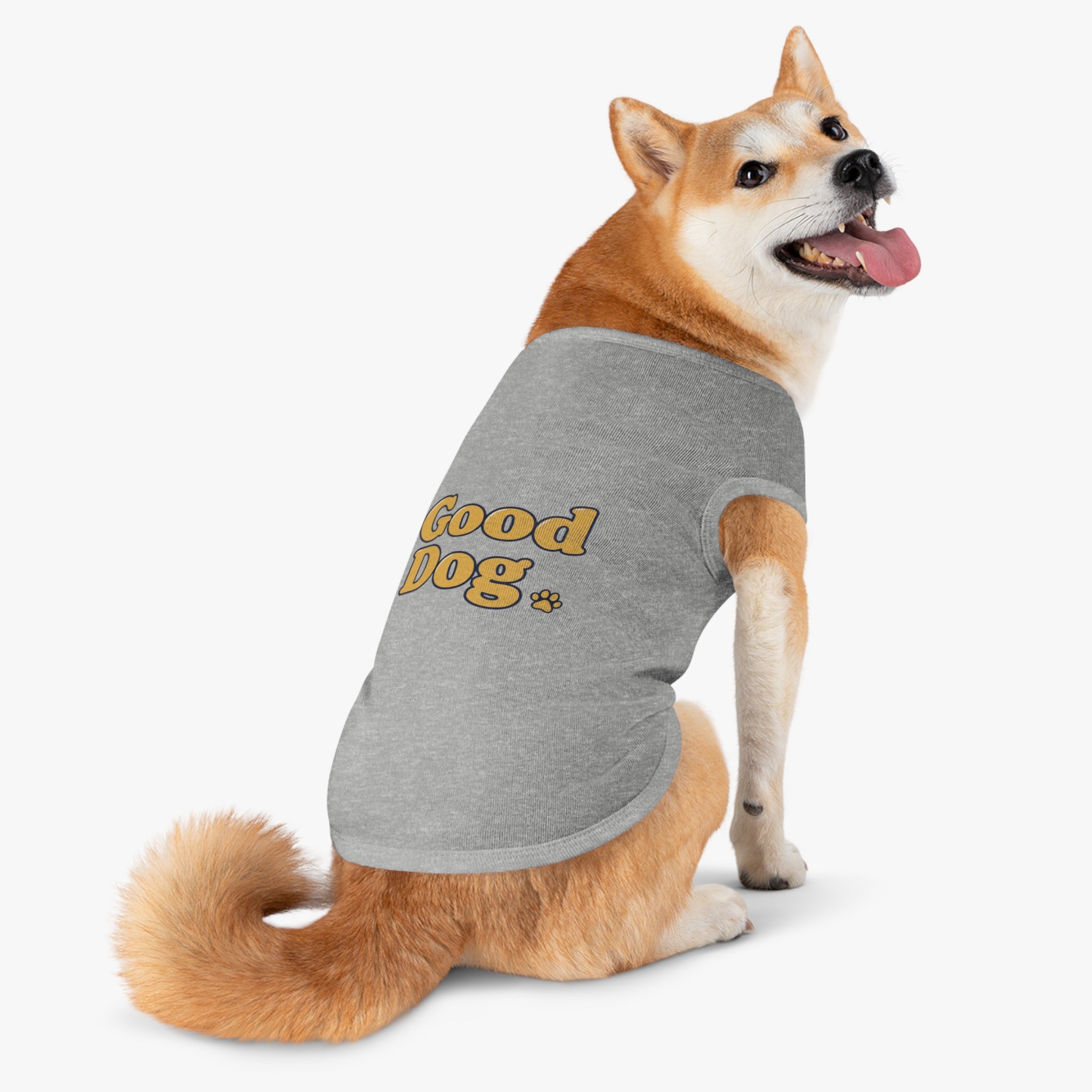 Good Dog Pet Tank Top — Grey Dog Shirt with Retro Yellow Text