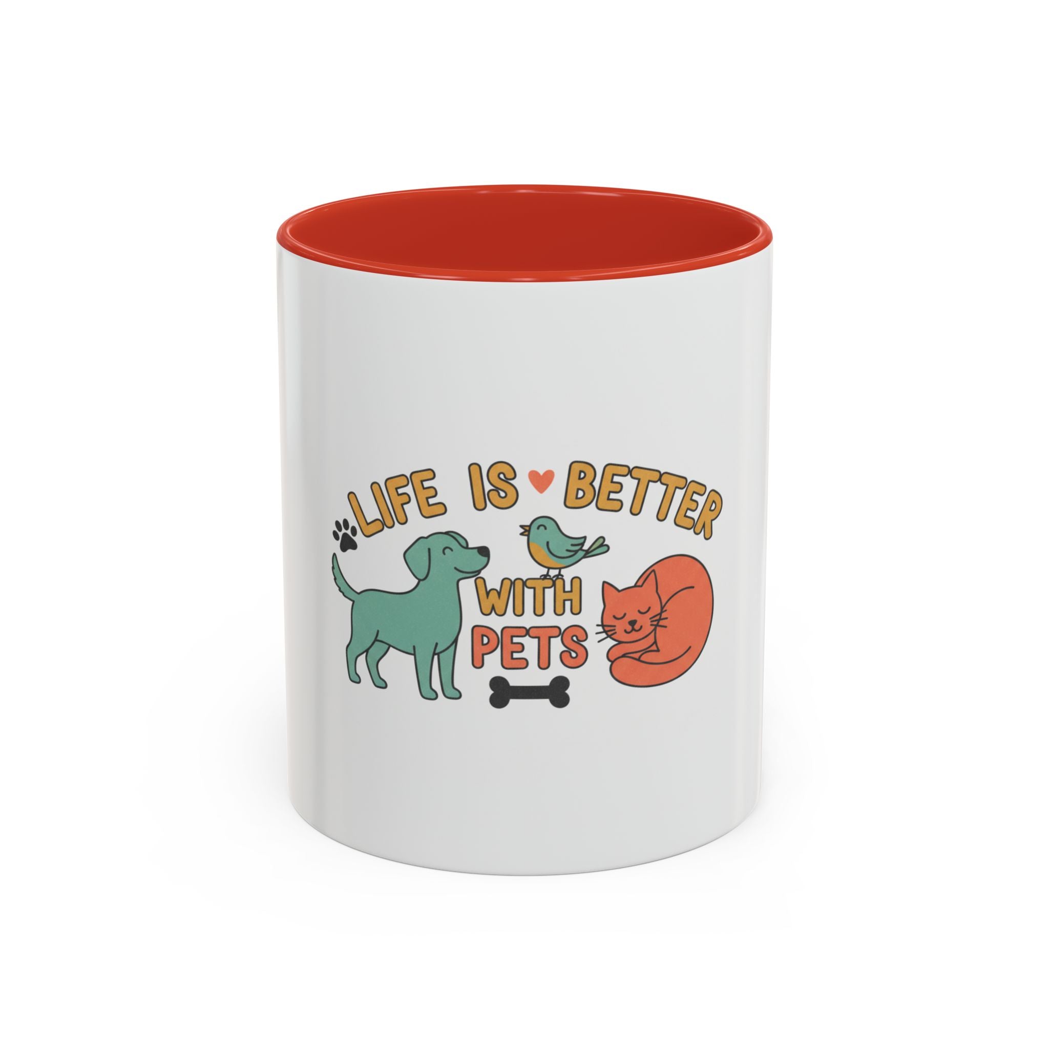 Life Is Better With Pets Mug – Ceramic Accent Mug with Dog Cat Bird Design, Pet Lover Coffee Cup, 11oz & 15oz