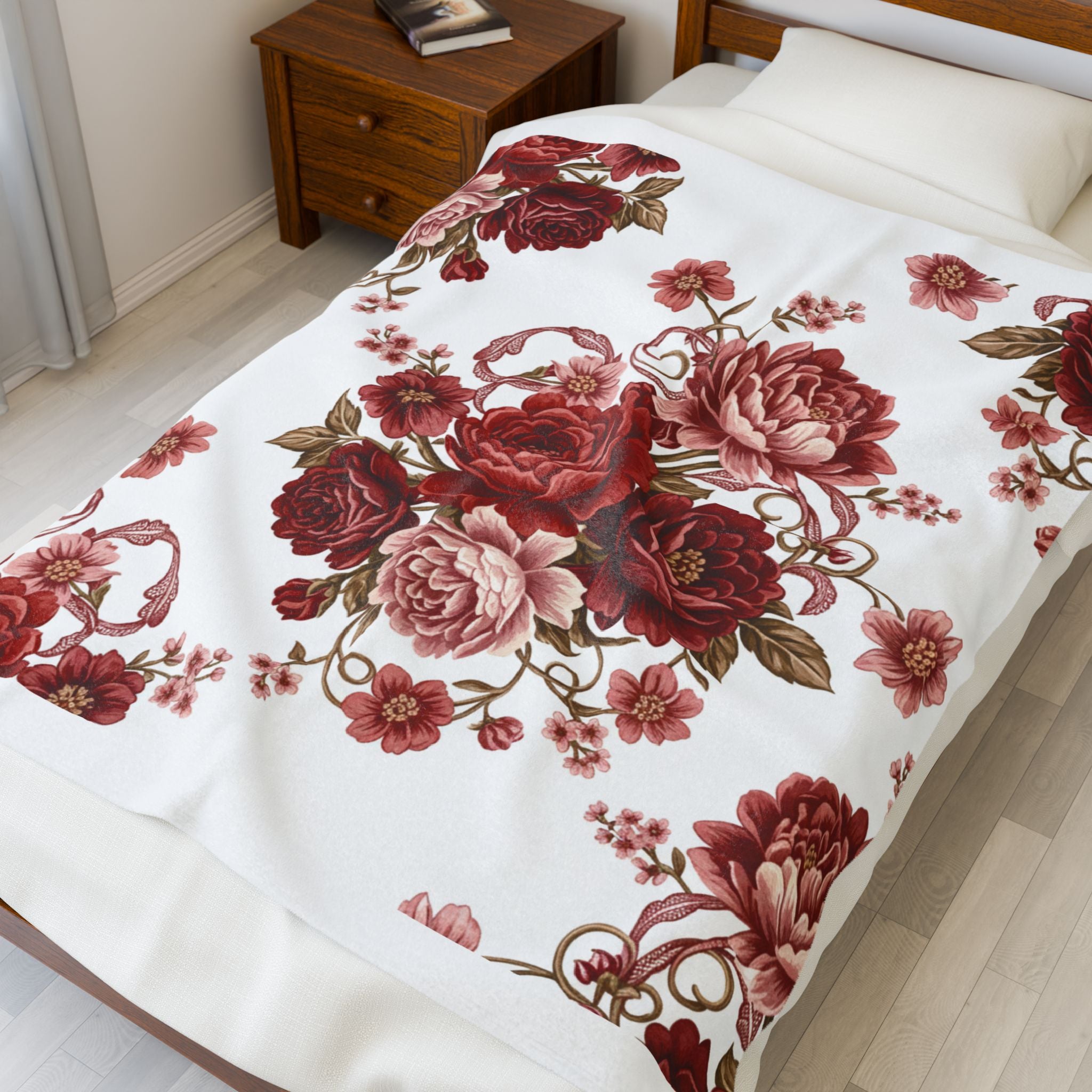 Velveteen Plush Blanket — Vintage Red Rose Floral Throw