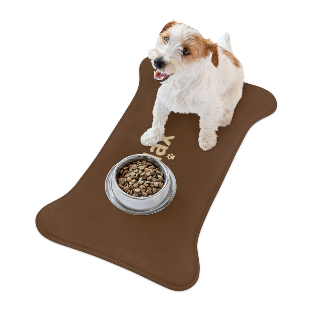 Personalized Pet Feeding Mat — Brown Bone-Shaped Placemat with Name & Paw